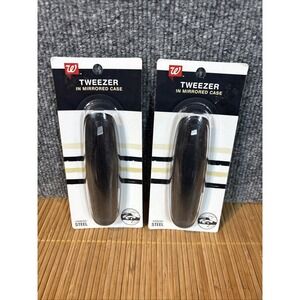 2 Pack Walgreens Beauty Tweezer in Mirrored Case Stainless Steel Slant Tip Black
